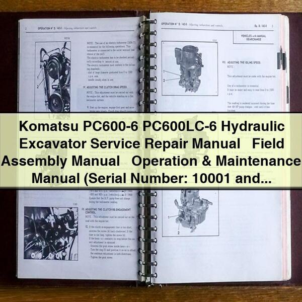 Manual de servicio y reparación de la excavadora hidráulica Komatsu PC600-6 PC600LC-6 + Manual de montaje en campo + Manual de operación y mantenimiento (número de serie: 10001 y posteriores)